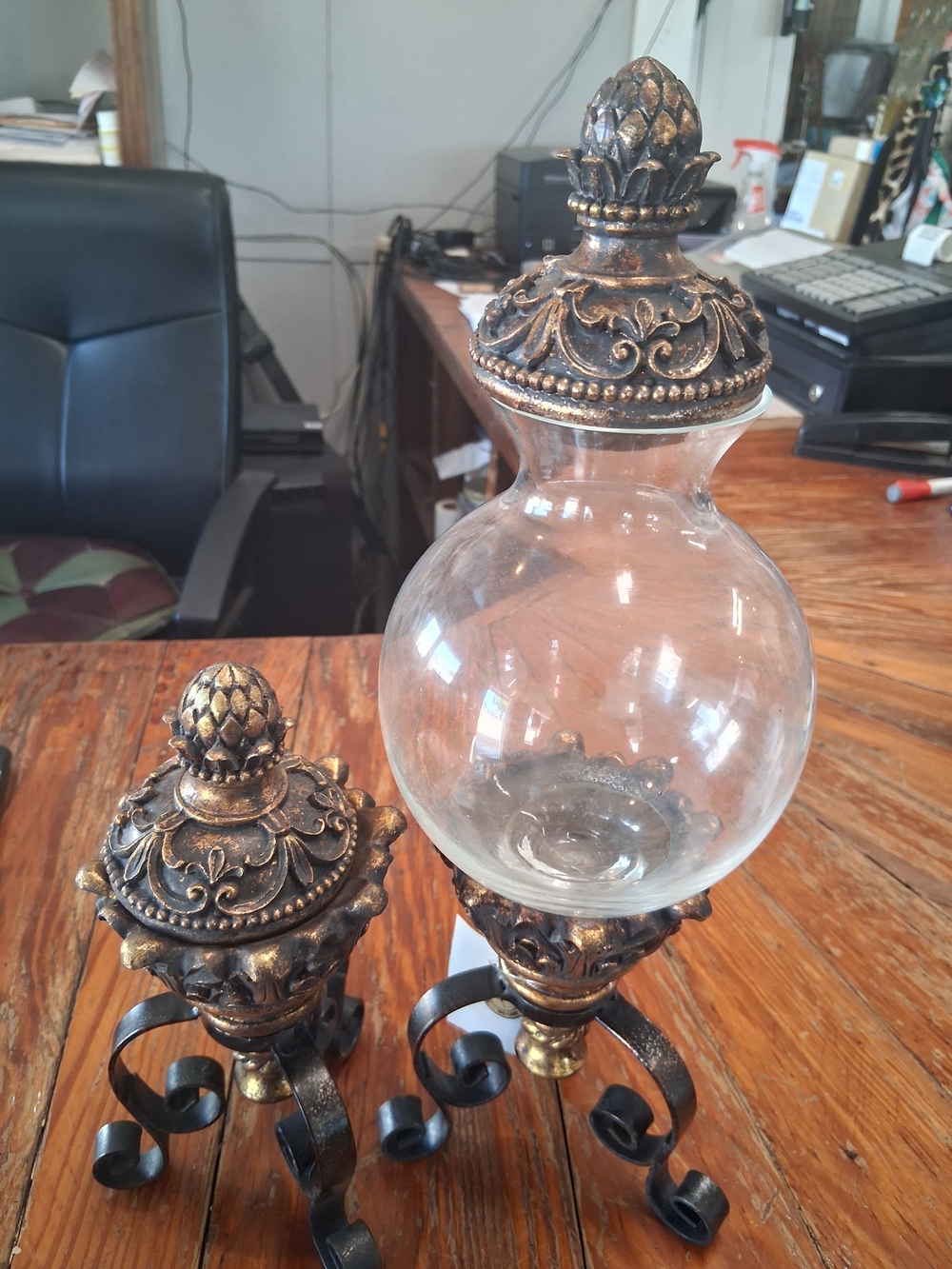Ornate Gold Glass Apothecary Jar with Decorative Metal Stand - Home Accents